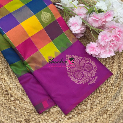 Semi Soft Silk  - Madras Checks Pattern - Purplish Pink Shade - VVSSS042