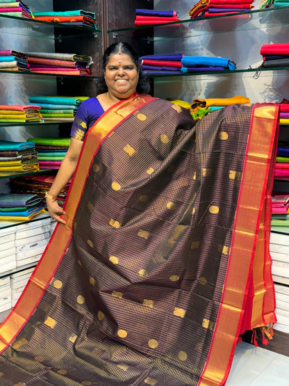 Pure Silk Cotton Saree - Mayil & Chakkaram Design - Brown with Reddish Merun Combo - VVMC002