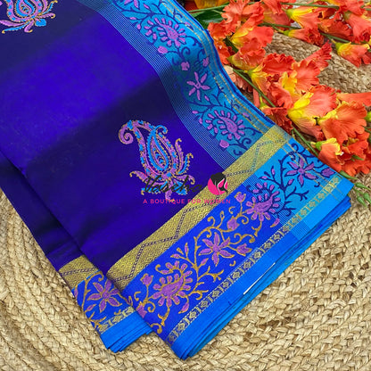 Pure Printed Silk Cotton Sarees - Blue with Blue    - VVPSC004