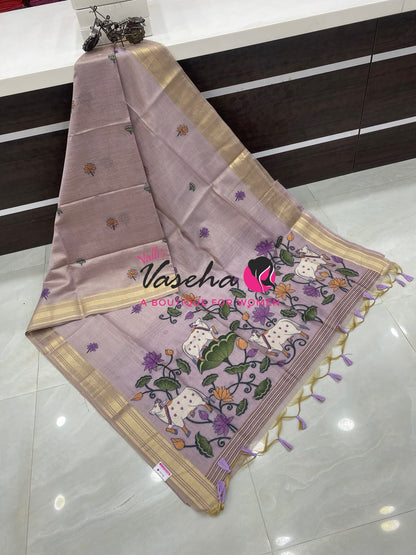 Muga Tissue Linen Saree - Lavender Shade - VVMLT003