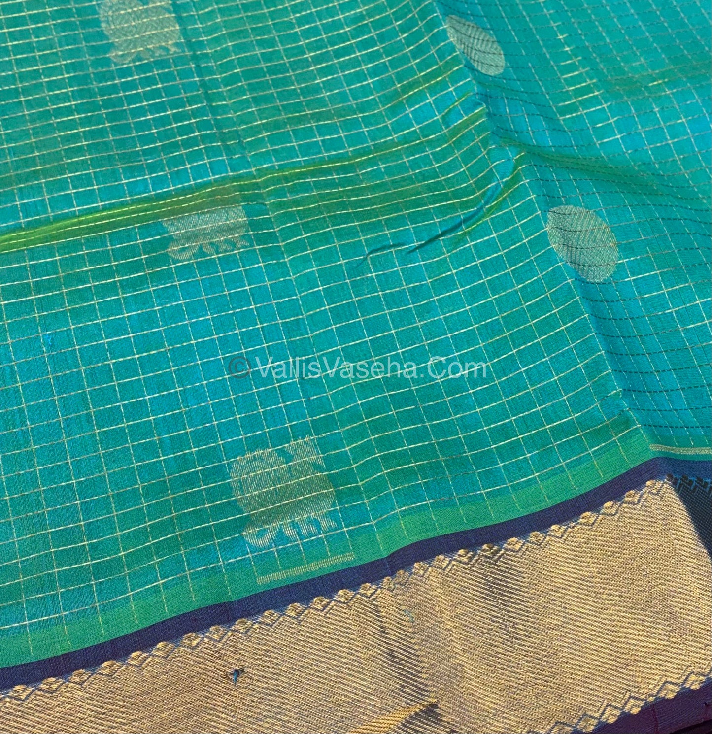 Pure Silk Cotton Saree - Mayil & Chakkaram Design - Turquoise Blue With Purple Shade - VVMC002