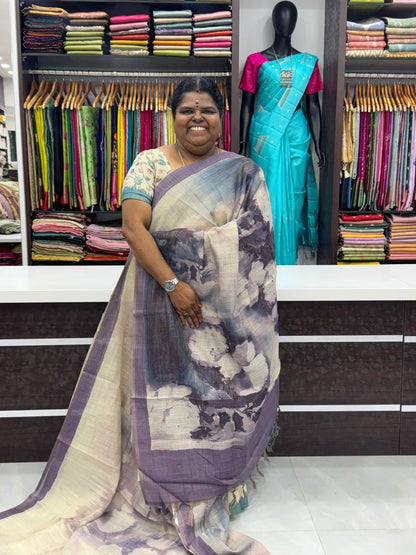 Tissue Linen Saree - Cloud Design - Light Purple Shade - VVTLS002