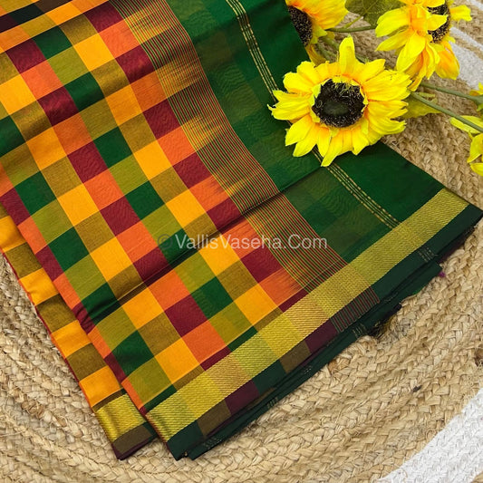 Pure Silk Cotton Saree - Pazhum Pazhamum Checks Design - Green Pallu - VVPPSC01