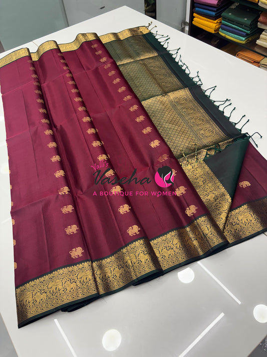 Pure Soft Silk Saree - Kanchi Border - Wine Merun with Dual Tone Green Combo - VVPSS015