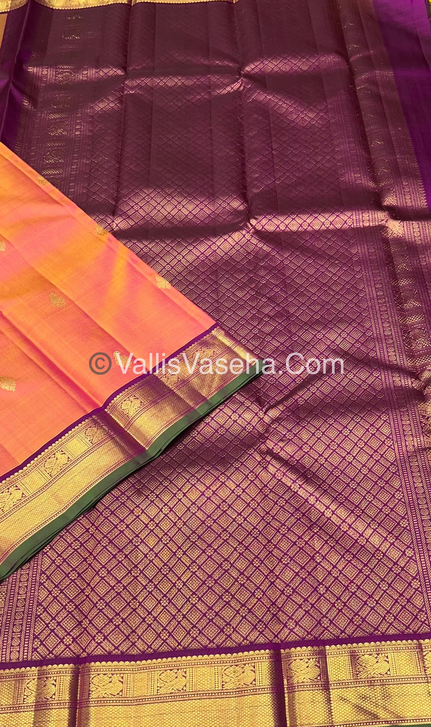 Pure Kanchipuram Silk Saree - Triple Tone Shade(Peachish Gold) & Purplish Pink Combo - VVPS014