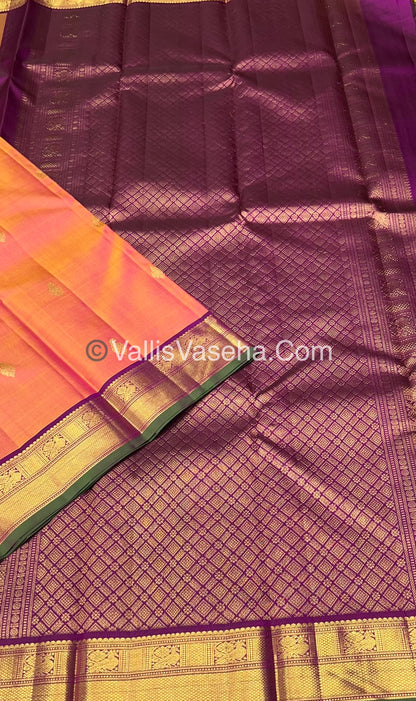 Pure Kanchipuram Silk Saree - Triple Tone Shade(Peachish Gold) & Purplish Pink Combo - VVPS014