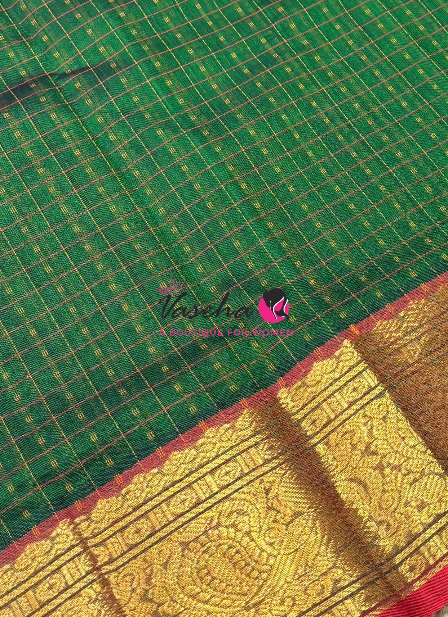 Pure Silk Cotton Saree -  Green With Red - Lakshadeepam Design - VVPLD001