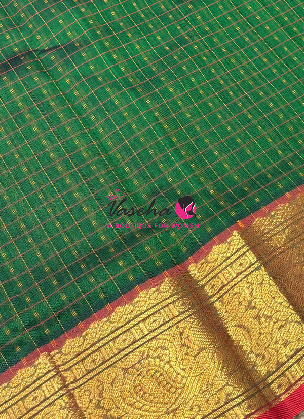 Pure Silk Cotton Saree -  Green With Red - Lakshadeepam Design - VVPLD001
