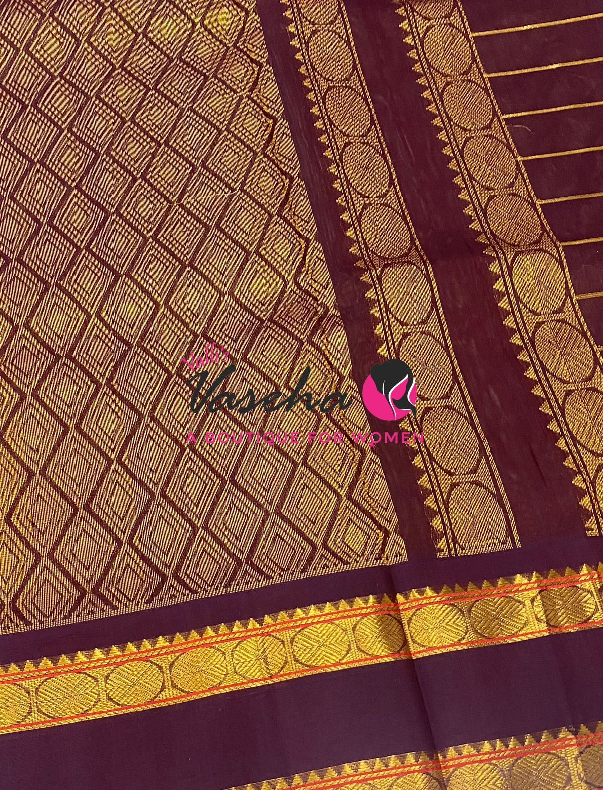 Pure Korvai Silk Cotton With Retta Petta Border - Checks pattern - Cream & Wine Brown - VVKSC013