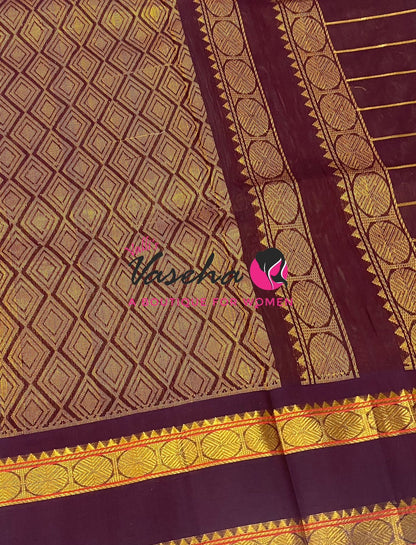 Pure Korvai Silk Cotton With Retta Petta Border - Checks pattern - Cream & Wine Brown - VVKSC013