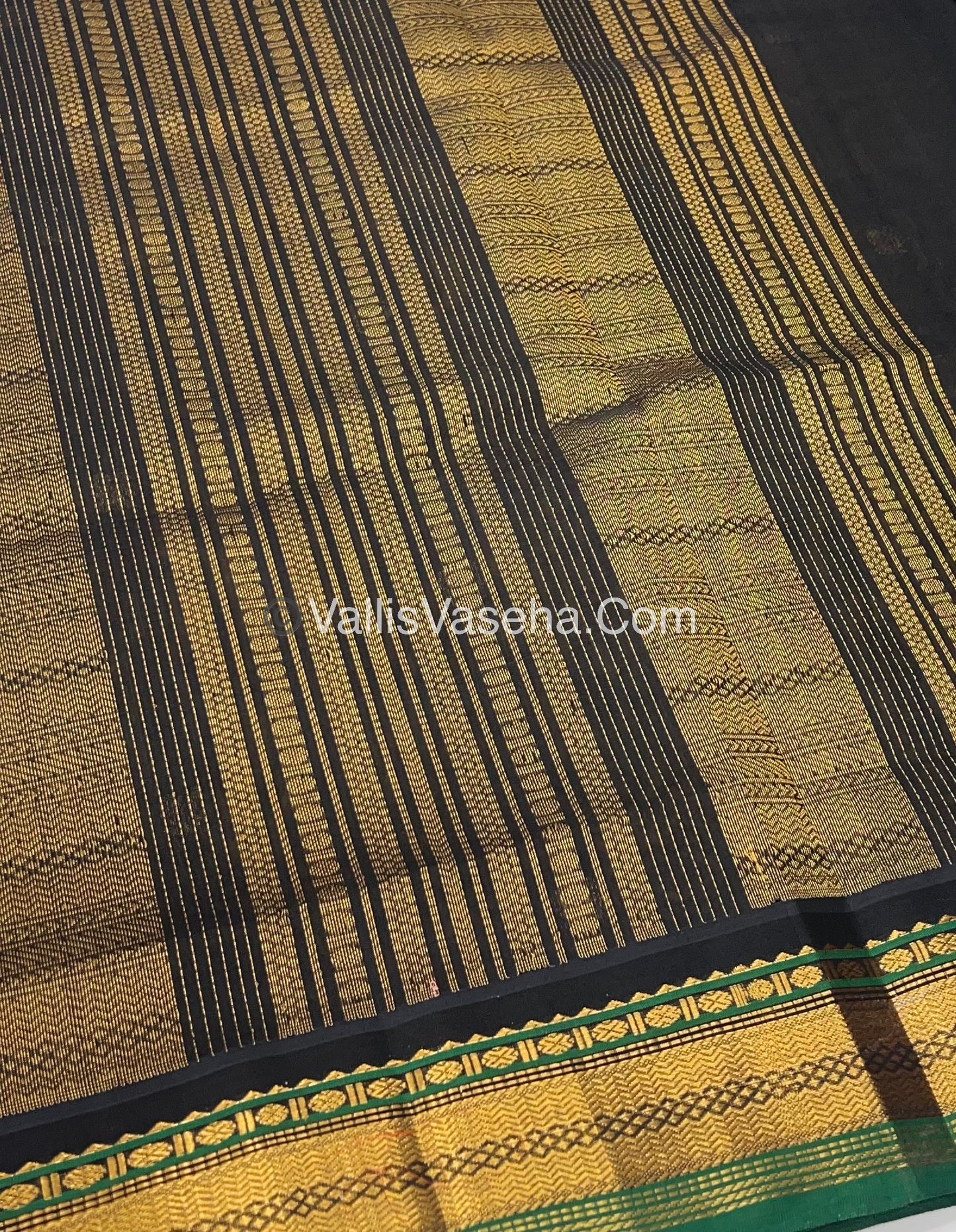 Pure Korvai Silk Cotton Saree - Yellow with Green & Black - VVKSC004