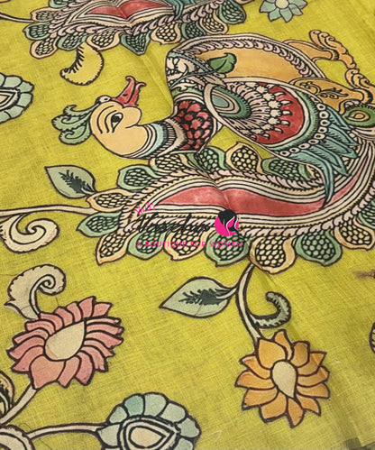 Linen Appliqué Work Saree - Lemon  Yellow Shade - VVLAS001