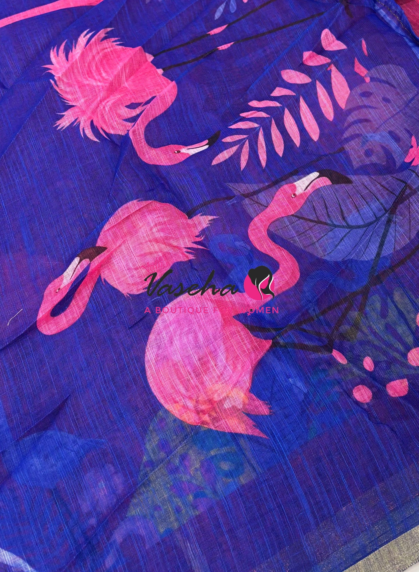 Linen Mixed Cotton Saree -Printed - Blue With Pink Shade - VVLMP002