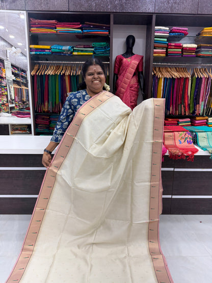 Semi Raw Silk - Paithani Design Weaving - Cream Shade - VVRS005