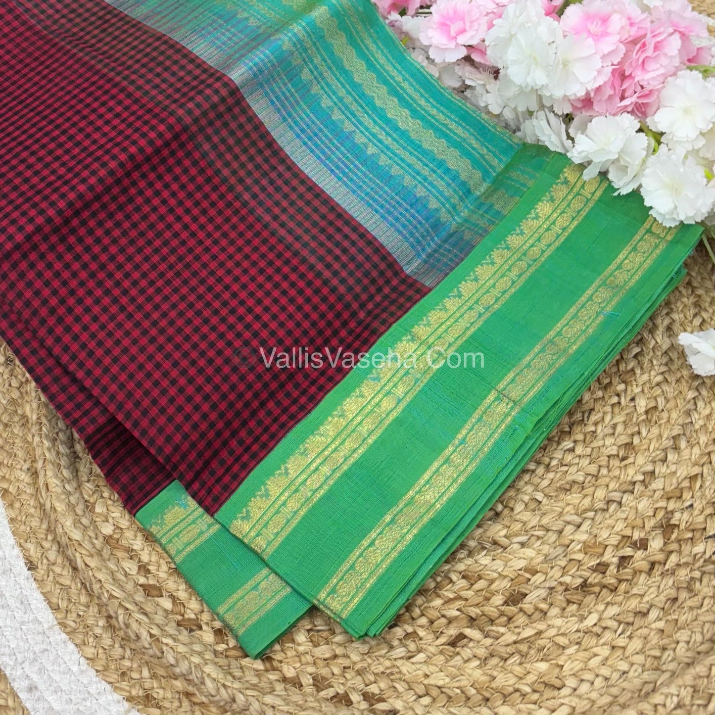 Pure Korvai Silk Cotton - Podi Kattam - Retta Petta Border - Red & with Blue   - VVKSC003