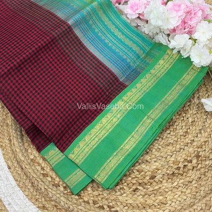 Pure Korvai Silk Cotton - Podi Kattam - Retta Petta Border - Red & with Blue   - VVKSC003
