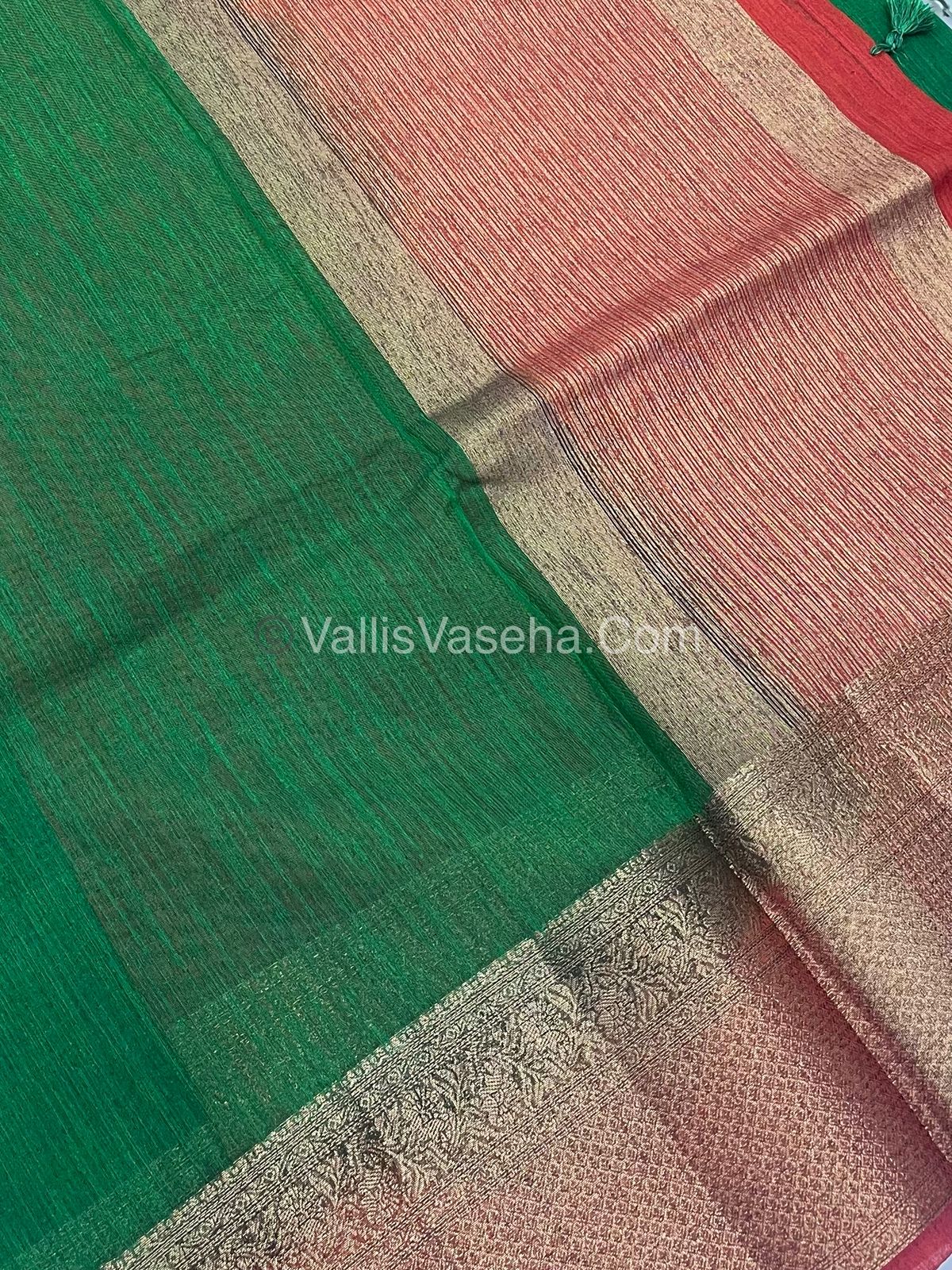 Bamboo Silk Saree - Green with Red Shade - VVBSS008