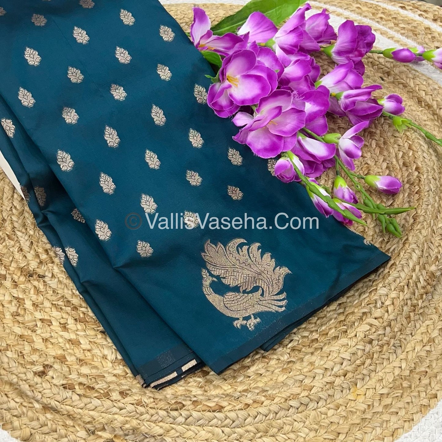 Semi Soft Silk - Peacock Butta Border - Dark Peacock Blue Shade -VVSSS014