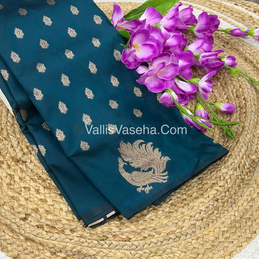 Semi Soft Silk - Peacock Butta Border - Dark Peacock Blue Shade -VVSSS014