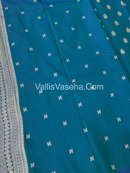 Semi Soft Silk - Peacock Butta Border - Peacock blue Shade -VVSSS014