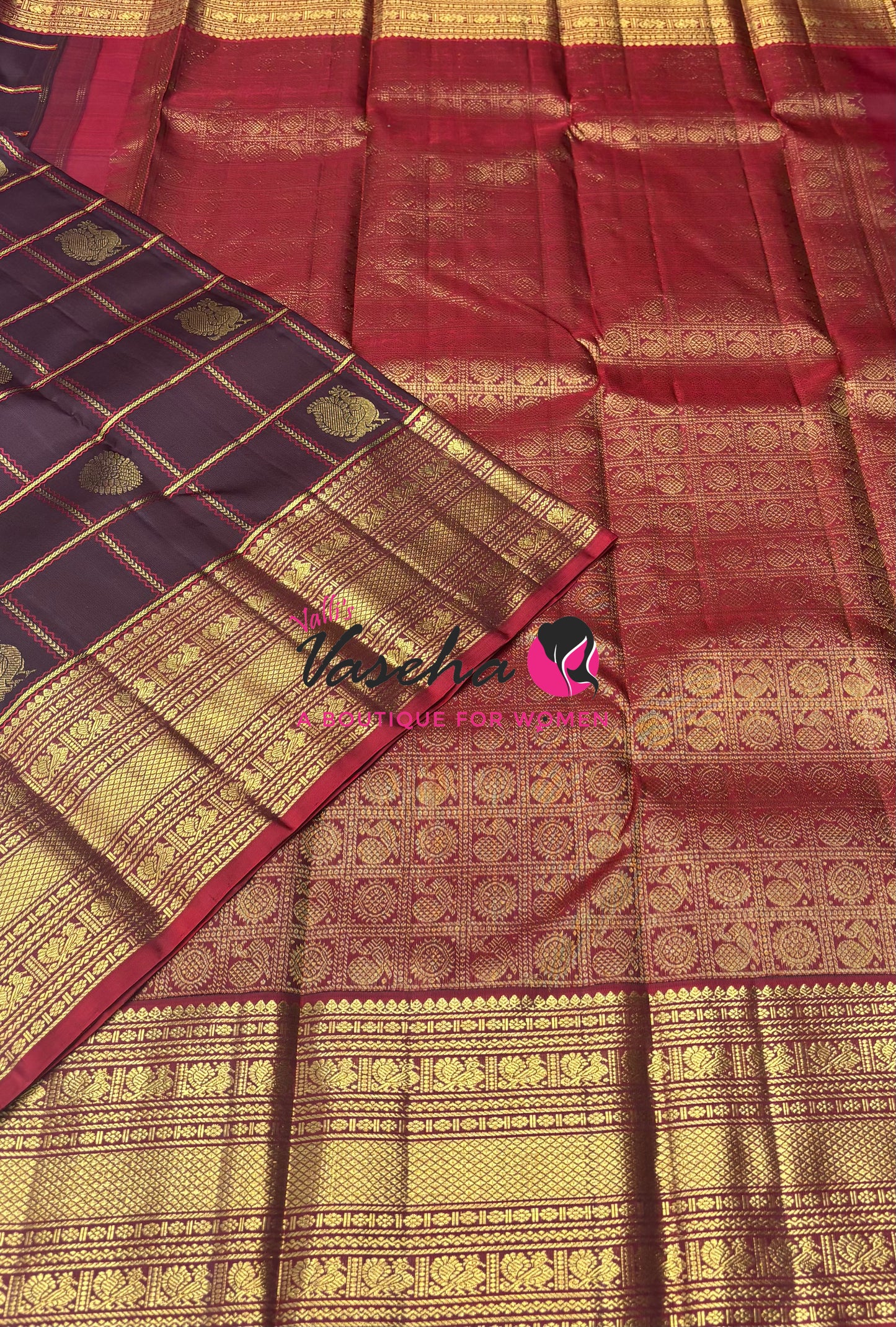Pure Kanchipuram Silk Saree - Brown & Red Combo - VVPS074