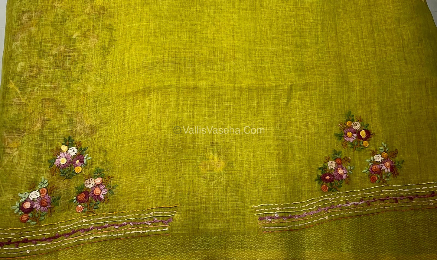 French Knot - Linen Tissue Saree - Green Shade - Heavy Work Blouse - VVLFN012