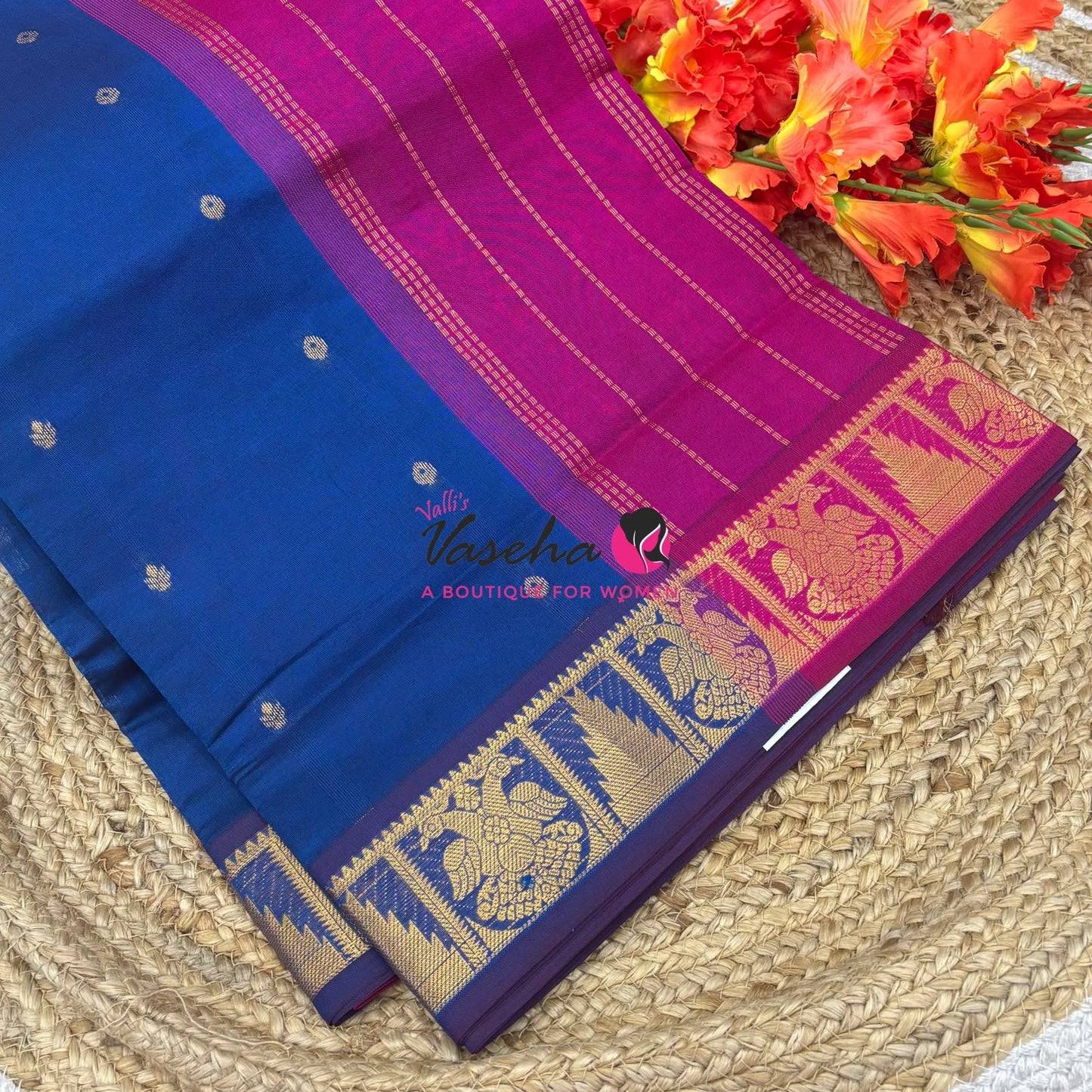 Semi Silk Cotton Saree - Small Zari Butta  - Retta Mayil Border- VVSSC015