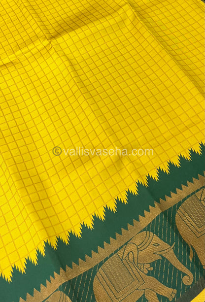 Semi Silk Saree - Kanchi Silk Style - Elephant Border - Yellow with Green - VVSSS005