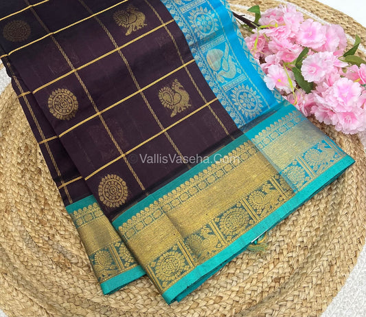 Pure Silk Cotton Saree - Mayil & Chakkaram Design - Brown with Blue - VVMC001