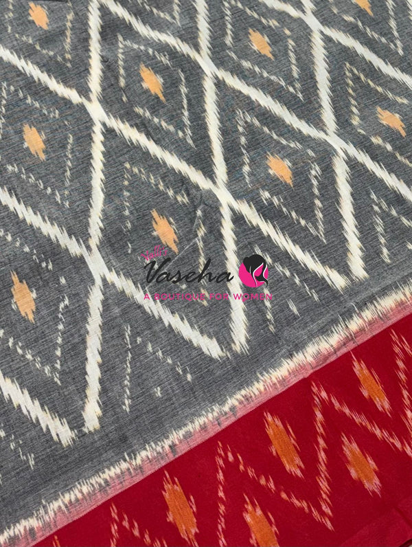 Double Ikkat Pure Cotton Saree -  Blue With Red  - VVIKS002