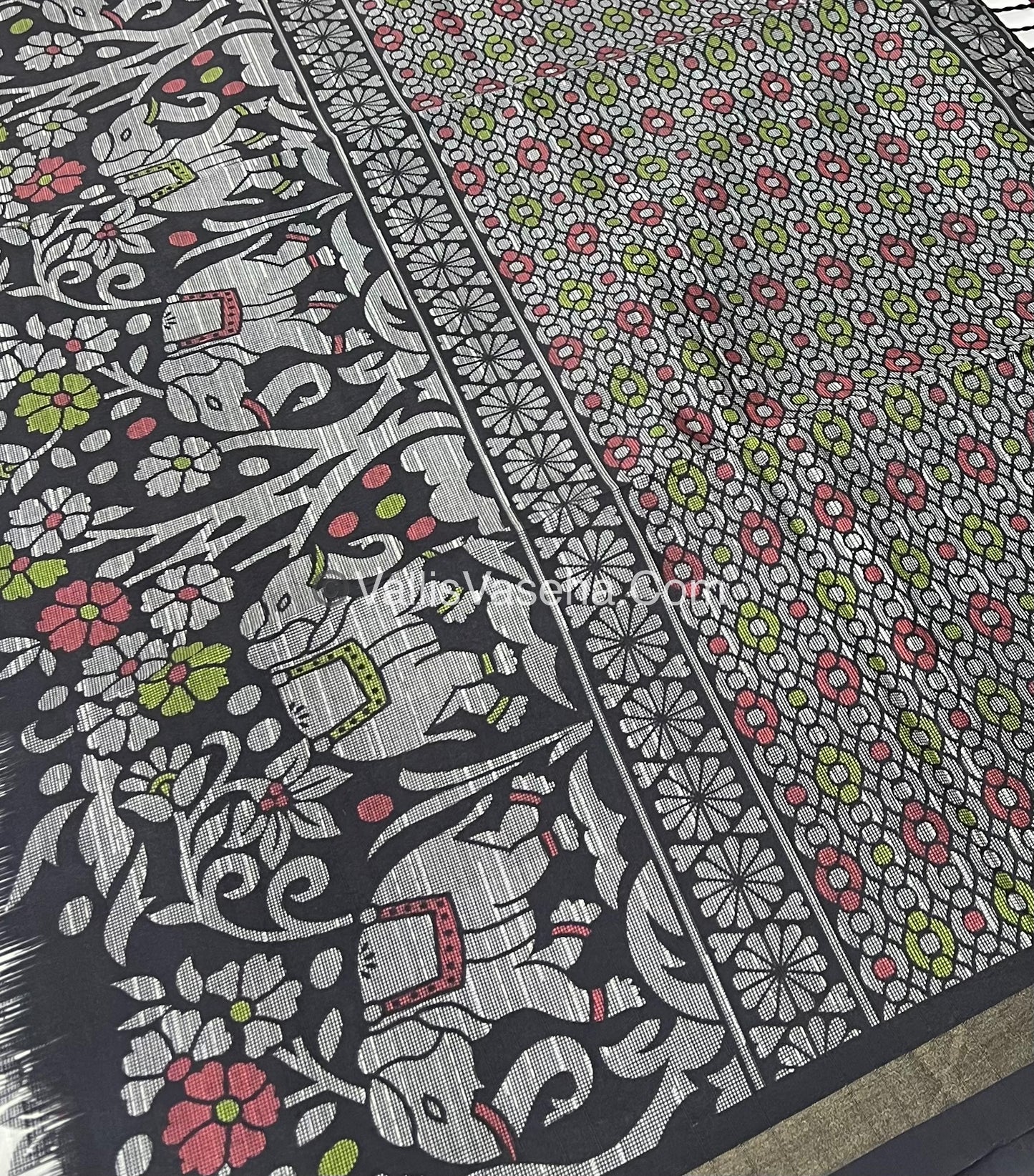 Semi Tussar / Semi Chappa Silk | Elephant Design| - Cream & Black Combo - VVSTS018