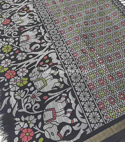 Semi Tussar / Semi Chappa Silk | Elephant Design| - Cream & Black Combo - VVSTS018