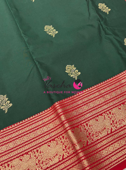 Semi Kanchi Silk  - Green & Red - VVSKS007