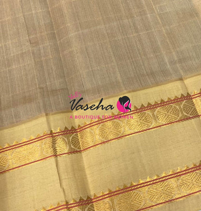 Pure Korvai Silk Cotton With Retta Petta Border - Checks pattern - Maroon & Cream - VVKSC013