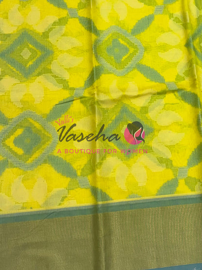 Banarasi Pochampally Weaving Semi Soft Cotton Saree - Yellow with Blue  - VVBPS001