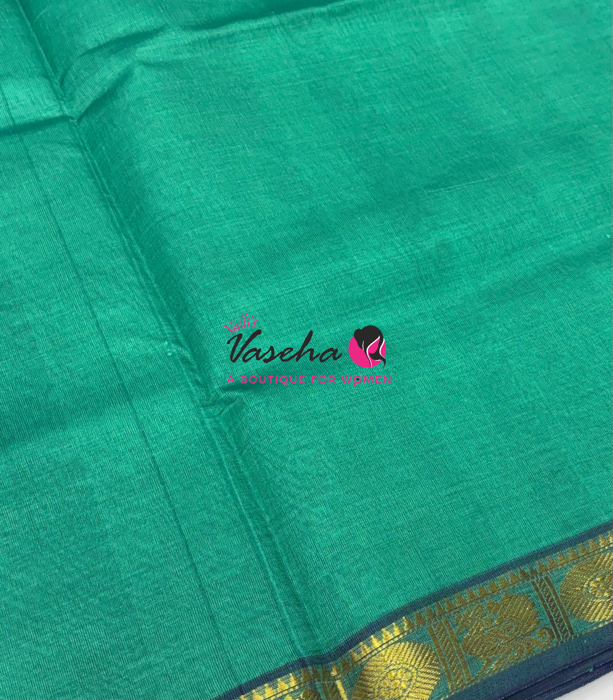 Pure Silk Cotton Sarees - Sea Green With Blue - VVPSC017