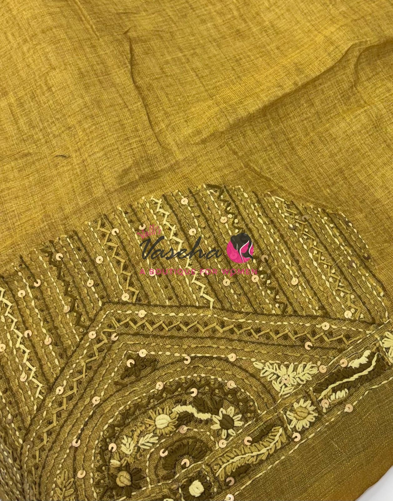 French Knot - Linen Tissue Saree - Mustard Green Shade - VVLFN015