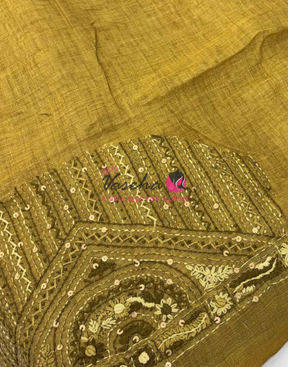 French Knot - Linen Tissue Saree - Mustard Green Shade - VVLFN015