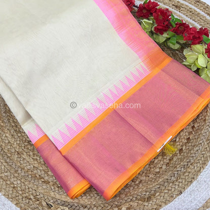 Pure Korvai Silk Cotton Saree - / Half white With Peachish yellow  - Temple border - VVKSC001