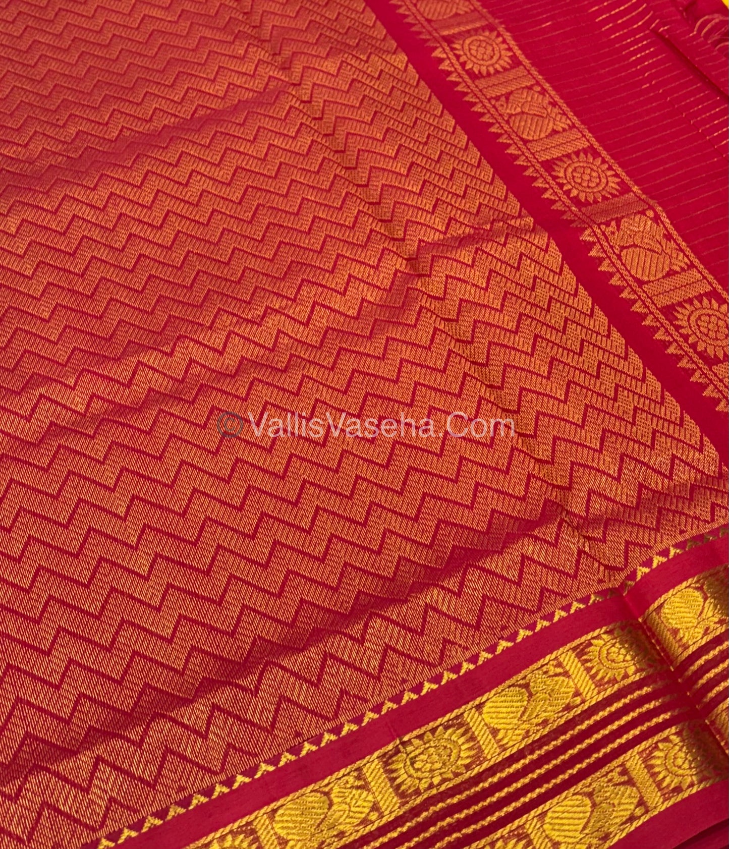 Pure Korvai Silk Cotton - Retta Petta Border - Yellow With Red Combo - VVKSC010