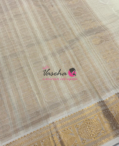 Pure Silk Cotton Saree - Yellow With Half White - Lakshadeepam Design - VVPLD001
