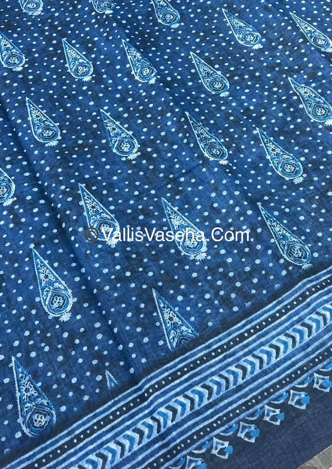 Linen Mixed Cotton Saree - Indigo Blue - Printed - VVLMP001