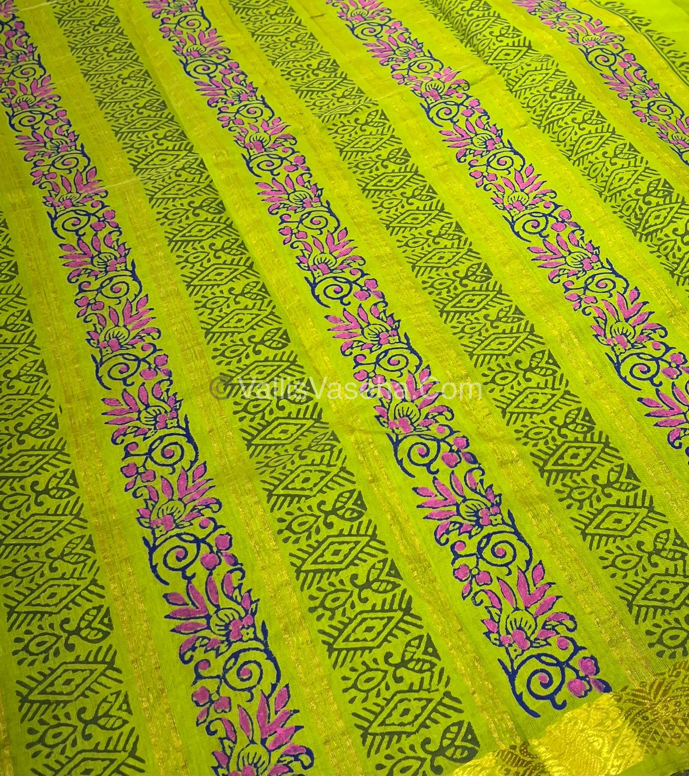 Pure Printed Silk Cotton Sarees - Blue with Green - VVPSC003