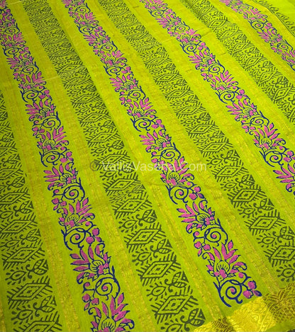 Pure Printed Silk Cotton Sarees - Blue with Green - VVPSC003