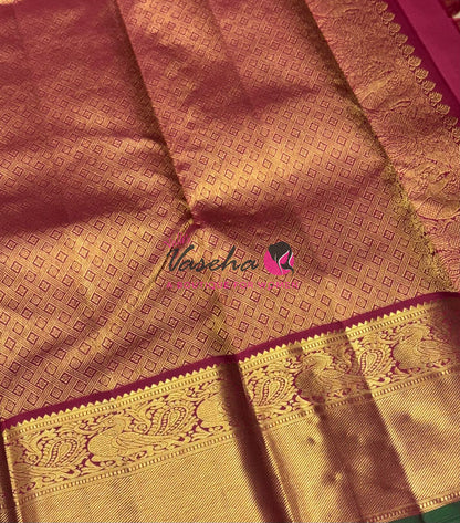 Pure Vintage Korvai Kanchipuram Silk Saree - Chikku & Maroon Combo - VVPS038