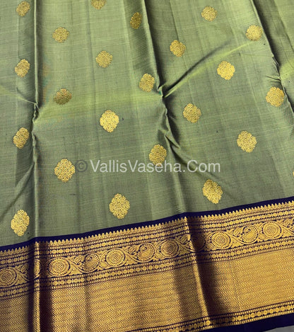 Pure Kanchipuram Silk Saree - Dual Tone Greenish Grey & Navy Blue Shade  - VVPS022