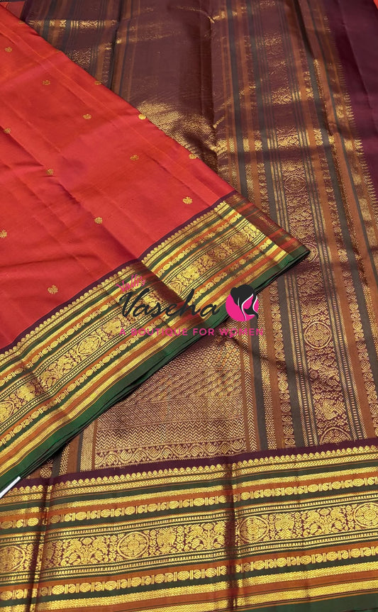 Pure Kanchipuram Silk Saree - Rust Orange & Brown Combo - VVPS079
