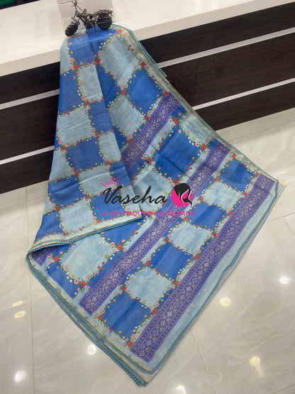 Linen Tissue Saree -  Light & Dark Combo - Blue Shade - VVLTS005