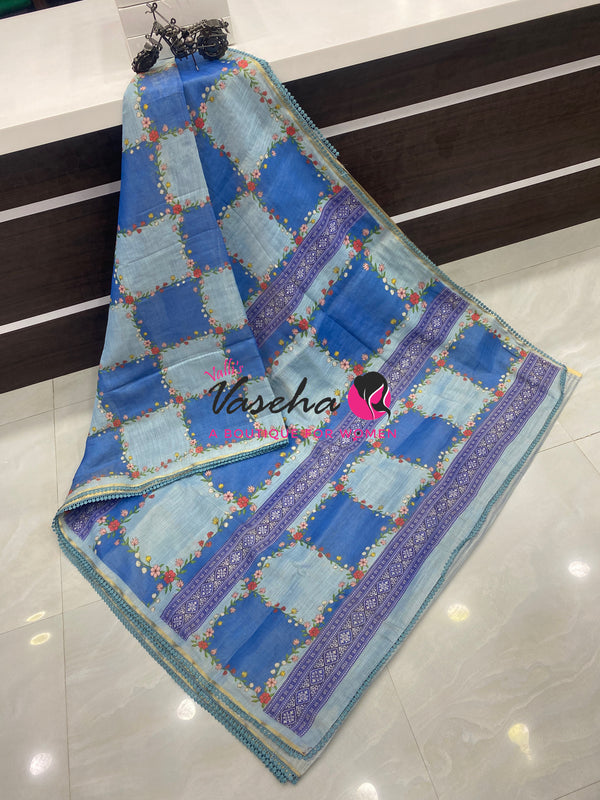 Linen Tissue Saree -  Light & Dark Combo - Blue Shade - VVLTS005