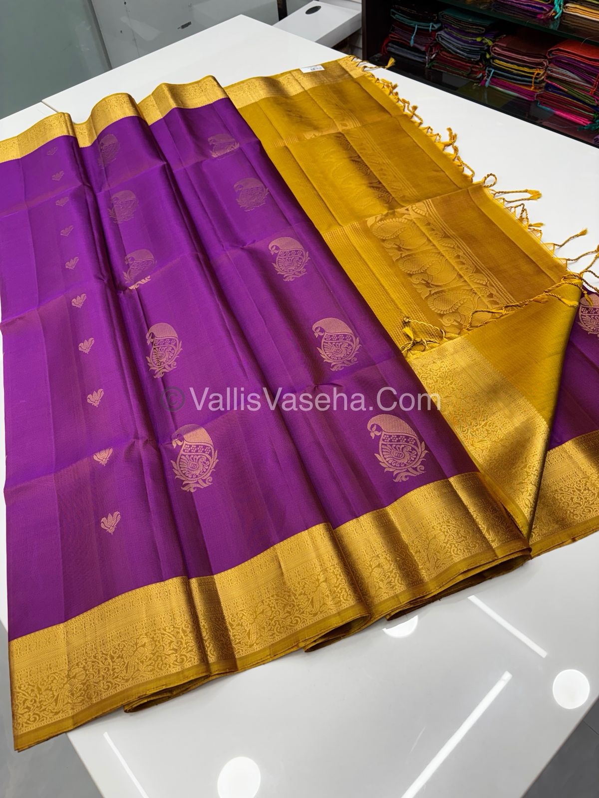Pure Soft Silk Saree - Kanchi Border - Purple & Yellow Combo - VVPSS046